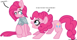 Size: 1074x568 | Tagged: safe, artist:thatonefluffs, pinkie pie, earth pony, pony, g4, alternate universe, armor, dialogue, duality, feather, pinkamena diane pie, self ponidox, simple background, transparent background