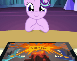 Size: 920x724 | Tagged: safe, screencap, starlight glimmer, pony, unicorn, g4, season 7, uncommon bond, animated, board game, book, bookshelf, cute, dragon pit, excited, eye shimmer, female, gif, glimmerbetes, grin, hair flip, hair over one eye, hooves on the table, looking at you, mare, open mouth, smiling, solo, squee, talking, twilight's castle