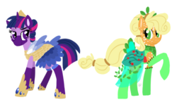 Size: 695x422 | Tagged: safe, artist:sallindaemon, applejack, twilight sparkle, alicorn, pony, g4, alternate design, clothes, coat markings, dappled, dress, simple background, socks, transparent background, twilight sparkle (alicorn)