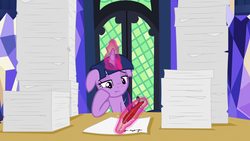 Size: 1920x1080 | Tagged: safe, screencap, twilight sparkle, alicorn, pony, g4, once upon a zeppelin, bored, female, floppy ears, magic, mare, paper, quill, solo, telekinesis, twilight sparkle (alicorn), twilight's castle, writing