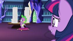 Size: 1920x1080 | Tagged: safe, screencap, spike, twilight sparkle, alicorn, dragon, pony, g4, once upon a zeppelin, magic, out of context, quill, smug, stupid sexy spike, twilight sparkle (alicorn), twilight's castle, writing