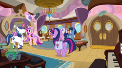 Size: 1920x1080 | Tagged: safe, screencap, night light, princess cadance, princess flurry heart, shining armor, twilight sparkle, twilight velvet, alicorn, pony, g4, once upon a zeppelin, musical instrument, piano, twilight sparkle (alicorn)