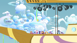Size: 1920x1080 | Tagged: safe, screencap, agua fresca, breezy serenade, chain letter (character), grapefruit squash, lens reflex, lily peel, night light, paddleball (character), princess cadance, raspberry sorbet, spray tag, tropic heat, twilight sparkle, twilight velvet, well-wisher, alicorn, once upon a zeppelin, cloudsdale, las pegasus resident, twilight sparkle (alicorn), zeppelin