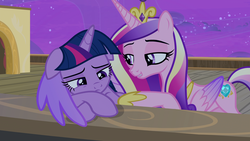 Size: 1920x1080 | Tagged: safe, screencap, princess cadance, twilight sparkle, alicorn, pony, g4, once upon a zeppelin, airship, colored wings, comforting, duo, floppy ears, folded wings, hug, lip bite, sisters-in-law, twilight sparkle (alicorn), winghug, wings, zeppelin