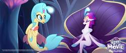 Size: 2048x858 | Tagged: safe, screencap, princess skystar, queen novo, seapony (g4), g4, my little pony: the movie, blue mane, blue tail, bubble, clothes, collar, crown, dorsal fin, duo, eyelashes, eyeshadow, female, fin, fin wings, fins, fish tail, flower, flower in hair, flowing mane, freckles, glowing, jewelry, lidded eyes, logo, looking at each other, looking at someone, makeup, mother and child, mother and daughter, necklace, ocean, open mouth, open smile, pearl necklace, princess, purple eyes, purple mane, queen, regalia, scales, seaquestria, see-through, sitting, smiling, spread wings, swimming, tail, teeth, throne, throne room, underwater, water, wings