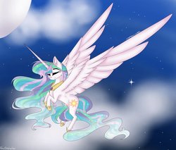 Size: 1024x871 | Tagged: safe, artist:kimkibi, princess celestia, alicorn, pony, g4, eyes closed, female, night, solo, spread wings, wings