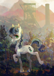 Size: 900x1273 | Tagged: safe, artist:wolfiedrawie, oc, oc only, oc:chica, oc:drew, earth pony, pony, commission, factory, female, grass, hug, industrial, looking at you, mare, mine, mountain, raised hoof, raised leg, scenery, smiling, solo, unshorn fetlocks