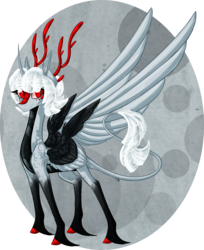 Size: 1958x2400 | Tagged: safe, artist:australian-senior, oc, oc only, oc:kathryn invictus, oc:turret pony, alicorn, hybrid, kirin, pony, kirindos, alternate universe, antlers, colored hooves, curved horn, goddess, horn, kirin-ified, leonine tail, ponified, portal (valve), red eyes, simple background, solo, species swap, turret