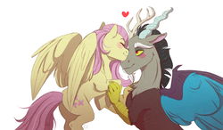 Size: 2466x1444 | Tagged: safe, artist:1an1, discord, fluttershy, draconequus, pegasus, pony, g4, butt, eyes closed, female, flutterbutt, heart, male, mare, plot, ship:discoshy, shipping, simple background, smiling, straight, underhoof, white background