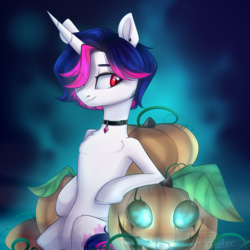 Size: 3000x3000 | Tagged: safe, artist:mp-printer, oc, oc only, pony, unicorn, collar, ear piercing, female, hair over one eye, halloween, high res, holiday, jack-o-lantern, leaning back, mare, piercing, pumpkin, red eyes, smiling, solo