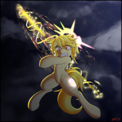 Size: 4000x4000 | Tagged: safe, artist:ze-dusty, oc, oc only, oc:starforge solare, unicorn, semi-anthro, angry, badass, belly button, epic, featureless crotch, female, glowing cutie mark, glowing eyes, halo, magic, ribbon, slit pupils, snaggletooth, solo, spear, weapon