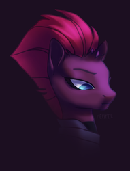 Size: 869x1138 | Tagged: safe, artist:meurol, tempest shadow, pony, g4, my little pony: the movie, broken horn, female, horn, mare, scowl, simple background, solo
