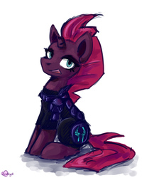 Size: 2000x2500 | Tagged: safe, artist:ami-gami, tempest shadow, pony, unicorn, g4, my little pony: the movie, broken horn, female, high res, horn, mare, open mouth, simple background, sitting, solo, white background