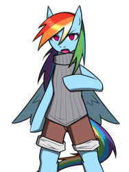 Size: 1500x2000 | Tagged: safe, artist:galdyearth, rainbow dash, pegasus, pony, g4, bipedal, clothes, female, looking at you, mare, pixiv, shorts, simple background, solo, spread wings, sweater, transparent background, turtleneck, wings