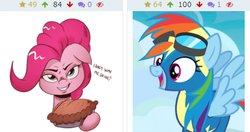 Size: 426x225 | Tagged: safe, artist:saturdaymorningproj, pinkie pie, rainbow dash, derpibooru, g4, secrets and pies, juxtaposition, meta, pie, pun, that pony sure does love pies