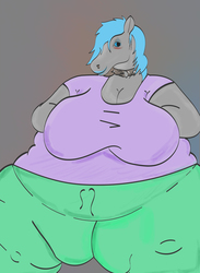 Size: 3000x4088 | Tagged: safe, artist:thalane.dragonness, oc, oc only, oc:shadow melody, anthro, anthro oc, bbw, blue hair, clothes, collar, fat, hoers, obese, overweight, pants, ssbbw, yoga pants