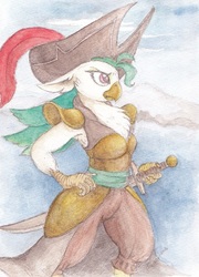 Size: 688x956 | Tagged: safe, artist:daisymane, captain celaeno, bird, anthro, g4, my little pony: the movie, armpits, biologically justified underarm fluff, chest fluff, female, hat, pirate, pirate hat, solo, sword, traditional art, weapon