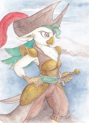 Size: 688x956 | Tagged: safe, artist:daisymane, captain celaeno, bird, ornithian, anthro, g4, my little pony: the movie, armpits, biologically justified underarm fluff, chest fluff, female, hat, pirate, pirate hat, solo, sword, traditional art, weapon