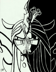 Size: 1688x2163 | Tagged: safe, artist:up-world, queen chrysalis, changeling, changeling queen, g4, angry, black and white, black background, black hair, crown, fangs, female, grayscale, horn, jewelry, mare, monochrome, queen, regalia, simple background, solo, white background, white hair, wings
