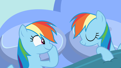 Size: 12800x7200 | Tagged: safe, artist:frownfactory, edit, rainbow dash, pegasus, pony, g4, secrets and pies, absurd resolution, bed, blanket, clone, eyes closed, female, lesbian, mare, narcissism, pillow, rainbow narcissist, self ponidox, selfcest, ship:dashdash, shipping, sleeping, smiling