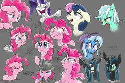 Size: 1800x1200 | Tagged: safe, artist:satv12, bon bon, lyra heartstrings, pinkie pie, queen chrysalis, rarity, sweetie drops, trixie, earth pony, pony, fame and misfortune, g4, secrets and pies, :3, angry, bloodshot eyes, blushing, bust, eyes closed, faic, floppy ears, gray background, open mouth, pipe, simple background, sketch, sketch dump, smiling, wavy mouth, why i'm creating a gown darling