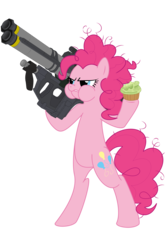 Size: 3000x4500 | Tagged: safe, artist:yognaughtsteve, pinkie pie, earth pony, pony, semi-anthro, g4, angry, belly, bipedal, cupcake, female, food, frown, glare, halo (series), high res, hoof hold, mare, messy mane, puffy cheeks, rocket launcher, simple background, solo, transparent background, weapon, xk-class end-of-the-world scenario