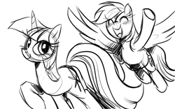 Size: 3200x2000 | Tagged: safe, artist:not-ordinary-pony, rainbow dash, twilight sparkle, pegasus, pony, unicorn, g4, duo, female, high res, mare, monochrome, open mouth, raised hoof, simple background, sketch, smiling