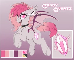 Size: 2000x1617 | Tagged: safe, artist:meggchan, derpibooru exclusive, oc, oc only, oc:candy quartz, bat pony, collar, fangs, piercing, reference sheet, solo, wing piercing