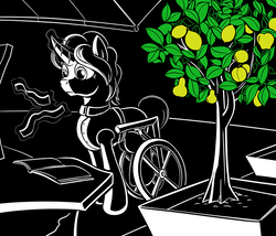 Size: 700x600 | Tagged: safe, artist:sirvalter, oc, oc only, oc:doctor eugenin, pony, unicorn, fanfic:steyblridge chronicle, apple, book, fanfic, fanfic art, female, food, illustration, lemon, magic, mare, monochrome, neo noir, partial color, peach, pear, research institute, scientist, solo, tree, wheelchair