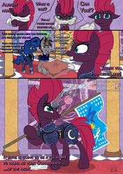 Size: 3507x4960 | Tagged: safe, artist:calena, derpibooru exclusive, fizzlepop berrytwist, princess luna, tempest shadow, oc, oc:midnight spades, g4, my little pony: the movie, armor, artificial horn, blindfold, broken horn, canterlot castle, comic strip, commander, crying, cute, dialogue, equipment, flag, flag of equestria, good end, happy, headcanon, heart, heartwarming, horn, looking at each other, night guard, patreon, patreon logo, pillar, present, prosthetic horn, prosthetics, reformed, reformed villain, royal guard, tears of joy, tempest becomes a royal guard, tempest gets her horn back, tempestbetes