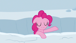 Size: 1280x720 | Tagged: safe, screencap, pinkie pie, earth pony, pony, g4, not asking for trouble, eyes closed, female, floppy ears, mare, smiling, snow, solo