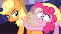 Size: 1920x1080 | Tagged: safe, edit, edited screencap, screencap, applejack, pinkie pie, earth pony, pony, g4, shadow play, applebutt, butt, butt touch, butthug, didn't think this through, face fart, faceful of ass, fart, fart cloud, fart edit, female, hug, inverted mouth, looking back, mare, parody, payback, pinkie hugging applejack's butt, plot, revenge, smiling