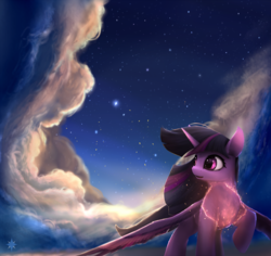 Size: 1750x1652 | Tagged: dead source, safe, artist:noctilucent-arts, twilight sparkle, alicorn, pony, g4, cloud, female, flying, horn, mare, open mouth, scenery, sky, solo, spread wings, stars, twilight sparkle (alicorn), wallpaper, wings