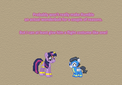 Size: 504x351 | Tagged: safe, artist:verve, rumble, twilight sparkle, alicorn, genie, pony, ask genie twilight, g4, marks and recreation, armband, clothes, eyes closed, headband, horn, horn cap, leg brace, pixel art, twilight sparkle (alicorn), uniform, wonderbolts uniform