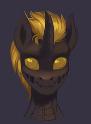 Size: 1363x1858 | Tagged: safe, artist:share dast, oc, oc only, demon pony, pony, bust, curved horn, fangs, horn, portrait, simple background, solo, yellow eyes, yellow sclera