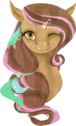 Size: 1449x2394 | Tagged: safe, artist:oneiria-fylakas, oc, oc only, oc:crumble, pony, bust, female, mare, one eye closed, portrait, simple background, solo, transparent background, wink