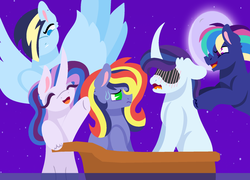 Size: 1024x736 | Tagged: safe, artist:chaserofthelight99, oc, oc only, oc:firework, oc:lightning bolt, oc:paint swirl, oc:radiant jewel, oc:royal splendor, pegasus, pony, unicorn, kindverse, boat, disney, oc x oc, offspring, offspring shipping, parent:fancypants, parent:rainbow dash, parent:rarity, parent:soarin', parents:raripants, parents:soarindash, shipper on deck, shipping, the little mermaid