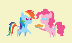 Size: 643x385 | Tagged: safe, artist:agrol, part of a set, pinkie pie, rainbow dash, earth pony, pegasus, pony, g4, season 7, secrets and pies, animated, duo, eat my pie, female, food, gif, pie, pointy ponies, simple background, yellow background