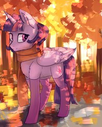 Size: 1728x2160 | Tagged: safe, artist:ognifireheart, twilight sparkle, alicorn, pony, g4, autumn, chest fluff, clothes, dappled sunlight, female, mare, scarf, smiling, socks, solo, twilight sparkle (alicorn)