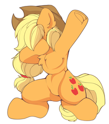 Size: 2656x3018 | Tagged: safe, artist:kribbles, applejack, earth pony, pony, g4, armpits, bipedal, chest fluff, cowboy hat, dab, female, frog (hoof), hat, high res, simple background, solo, stetson, underhoof, white background