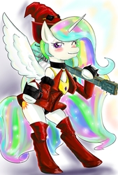 Size: 1446x2139 | Tagged: safe, artist:汚自慰, princess celestia, alicorn, pony, g4, bad guitar anatomy, boots, clothes, collar, female, guilty gear, guitar, i-no, looking at you, musical instrument, one eye closed, shoes, simple background, solo, voice actor joke