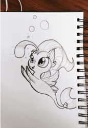Size: 1440x2094 | Tagged: safe, artist:tjpones, princess skystar, hippocampus, merpony, seapony (g4), g4, my little pony: the movie, bubble, cute, dorsal fin, female, fin, fin wings, fins, fish tail, floppy ears, flowing mane, flowing tail, freckles, glowing, grayscale, inktober, lineart, monochrome, ocean, open mouth, open smile, scales, skyabetes, smiling, solo, swimming, tail, traditional art, underwater, water, wings, younger