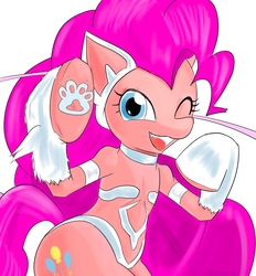 Size: 1300x1400 | Tagged: safe, artist:汚自慰, pinkie pie, earth pony, semi-anthro, g4, cat ears, cute, darkstalkers, diapinkes, felicia, looking at you, one eye closed, paw gloves, paw pads, paw prints, pinkie cat, simple background, white background, wink