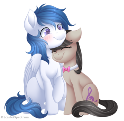 Size: 2614x2554 | Tagged: safe, artist:scarlet-spectrum, octavia melody, oc, earth pony, pegasus, pony, g4, blushing, canon x oc, eyes closed, female, floppy ears, high res, male, raised hoof, simple background, sitting, smiling, straight, transparent background