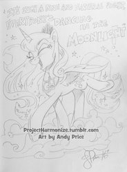 Size: 400x543 | Tagged: safe, artist:andypriceart, princess luna, alicorn, pony, g4, black and white, dancing, dancing in the moonlight, eyes closed, female, grayscale, happy, ipod, king harvest, lyrics, mare, monochrome, pencil drawing, song reference, traditional art