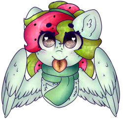 Size: 2000x2000 | Tagged: safe, artist:mirijane, oc, oc only, oc:watermelana, pegasus, pony, bust, clothes, female, freckles, high res, leaf, looking at you, mare, mouth hold, scarf, simple background, solo, transparent background