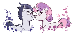Size: 1492x707 | Tagged: safe, artist:lavendersweet69, rumble, sweetie belle, pegasus, pony, unicorn, g4, angry, blushing, colt, female, filly, looking at each other, male, ship:rumbelle, shipping, smiling, straight, tsundere, tsundere belle