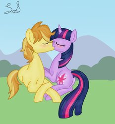 Size: 1024x1102 | Tagged: safe, artist:some-pegasister, braeburn, twilight sparkle, earth pony, pony, unicorn, g4, blushing, duo, female, kiss on the lips, kissing, male, mare, request, ship:twiburn, shipping, stallion, straight, unicorn twilight