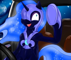 Size: 2046x1739 | Tagged: safe, artist:汚自慰, nightmare moon, alicorn, pony, semi-anthro, g4, car, planet, space, wat, waving