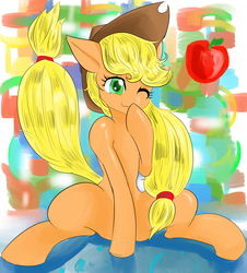 Size: 1500x1660 | Tagged: safe, artist:汚自慰, applejack, earth pony, pony, g4, apple, cute, female, food, human shoulders, mare, one eye closed, raised tail, sitting, solo, tail